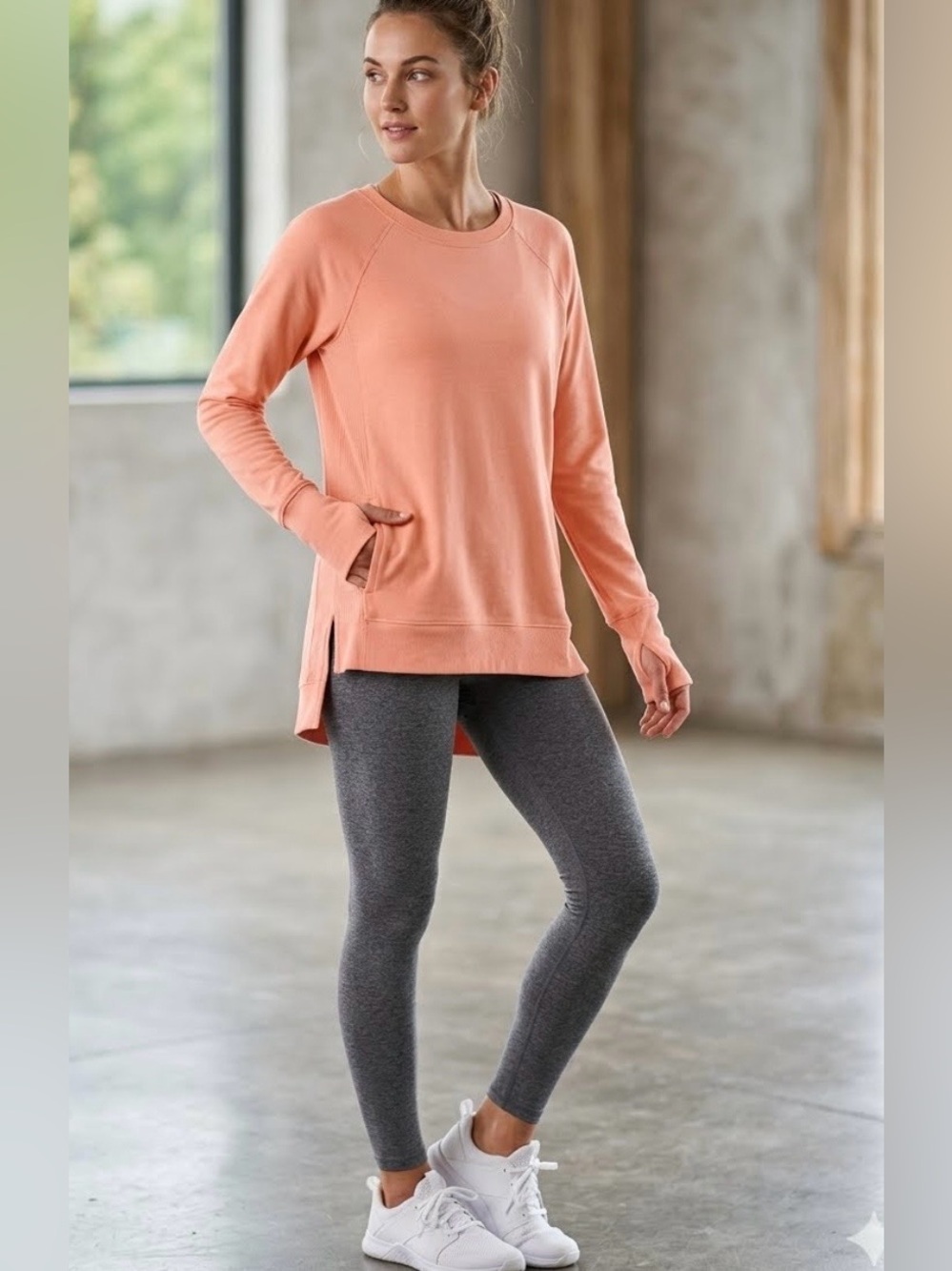 Yogalicious Peach Tunic Top with Long Sleeves & a High-Low Hem Size S
